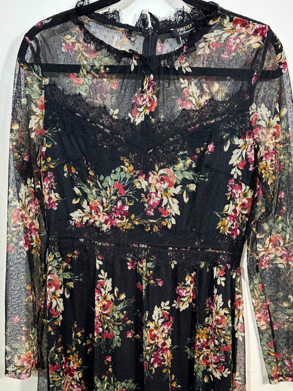 Forever 21 Dress Blk Floral Fairy Lace Mesh Festival Whimsigoth Indie Sheer Sz L - Picture 4 of 12